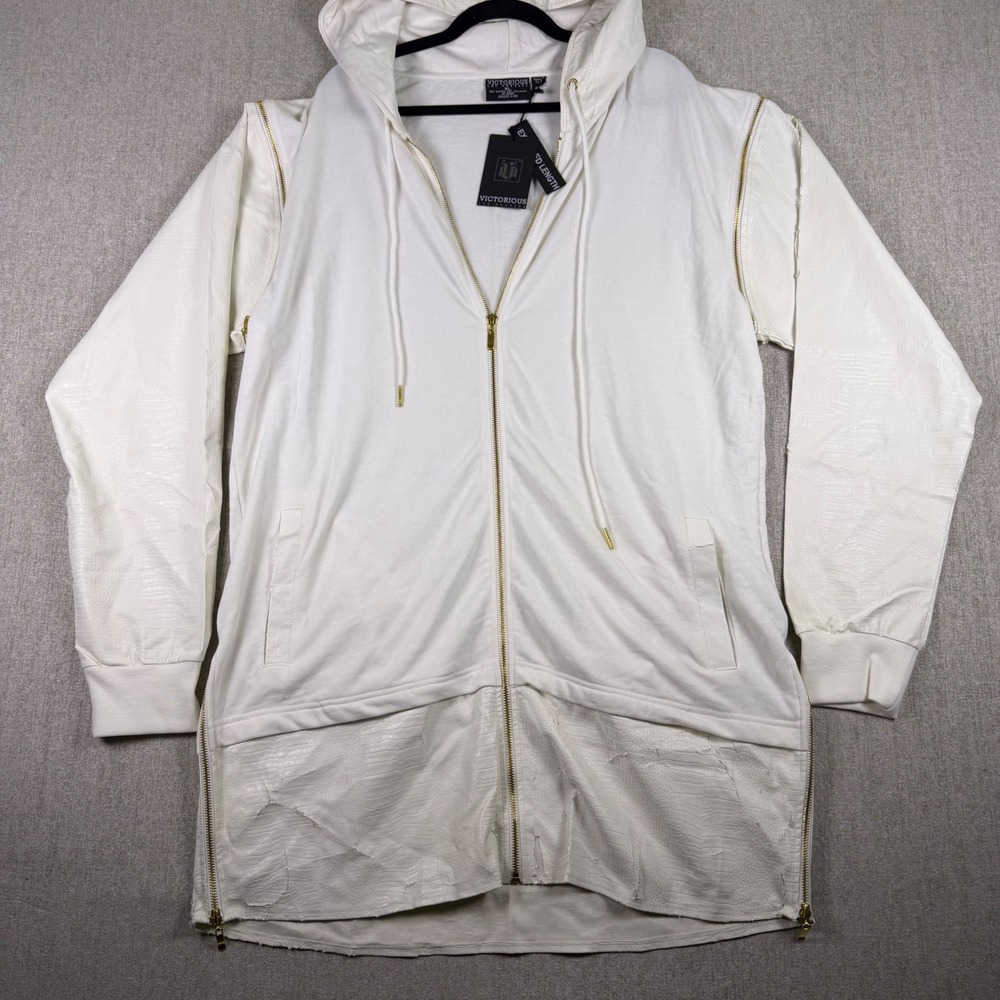 Victorious Zip Up Hoodie Mens XL White Extended Length Faux Croc *see condition